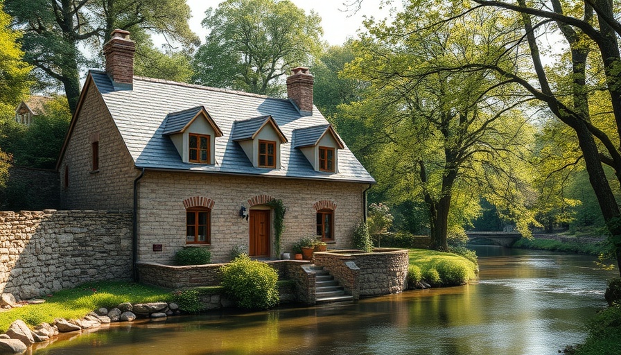 Timeless rustic stone house by a river, surrounded by nature.