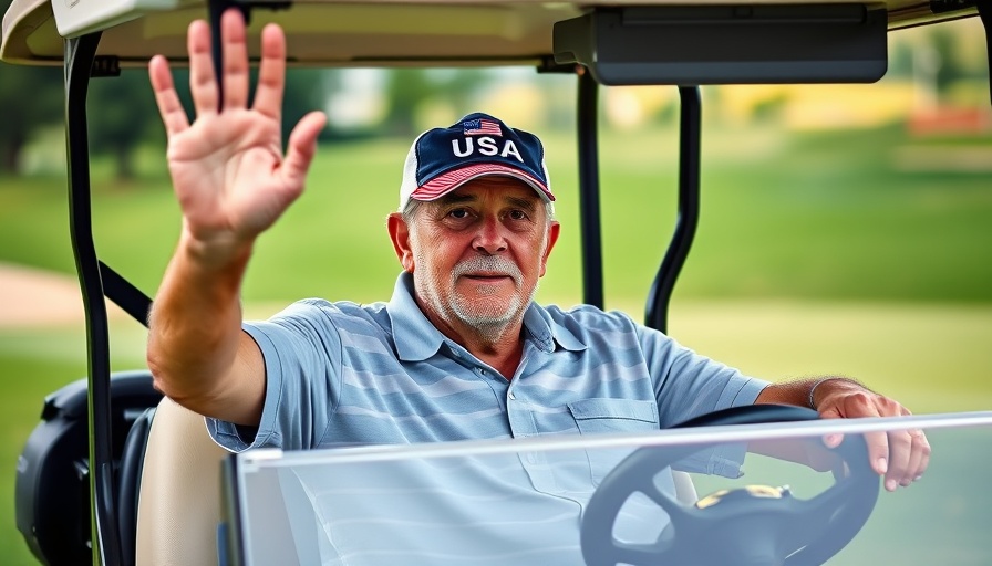 Older man in a golf cart waving on golf course with USA hat.