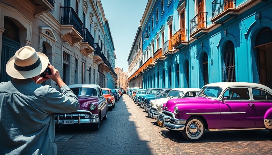 Travel by dart scene with classic cars and photographer