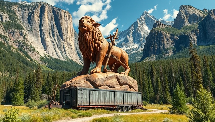 Sculpture on trailer amidst scenic national park landscapes.