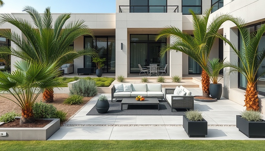 Modern front yard patio with palm trees and hardscaping features.