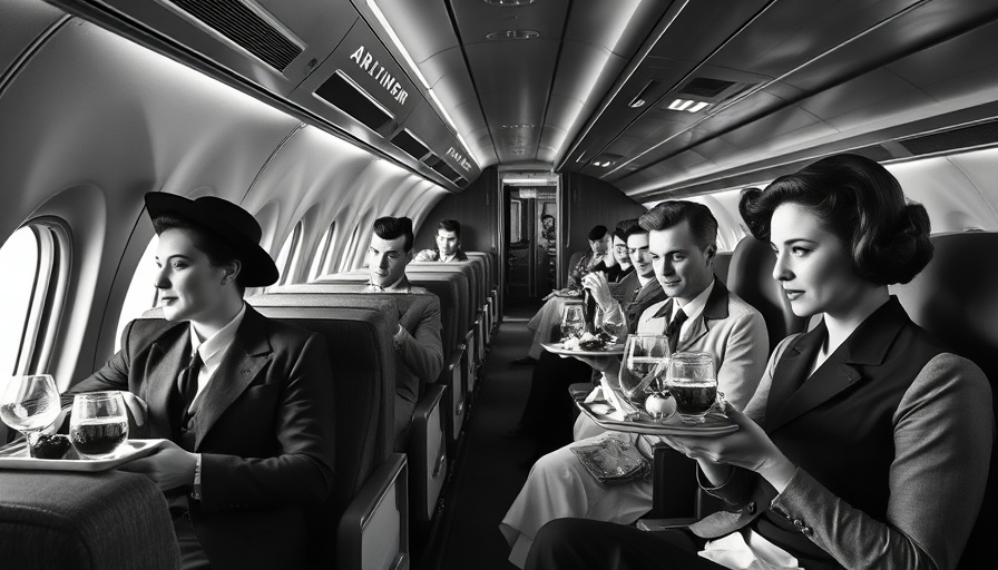 Golden Age of Air Travel: Passengers enjoying gourmet meal on vintage flight.