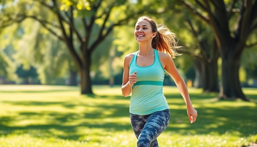 Woman walking energetically in a green park, symbolizing 7,000 steps daily health benefits.
