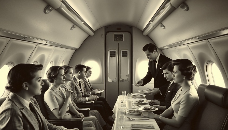 Elegant air travel scene from the 1960s with passengers dining.