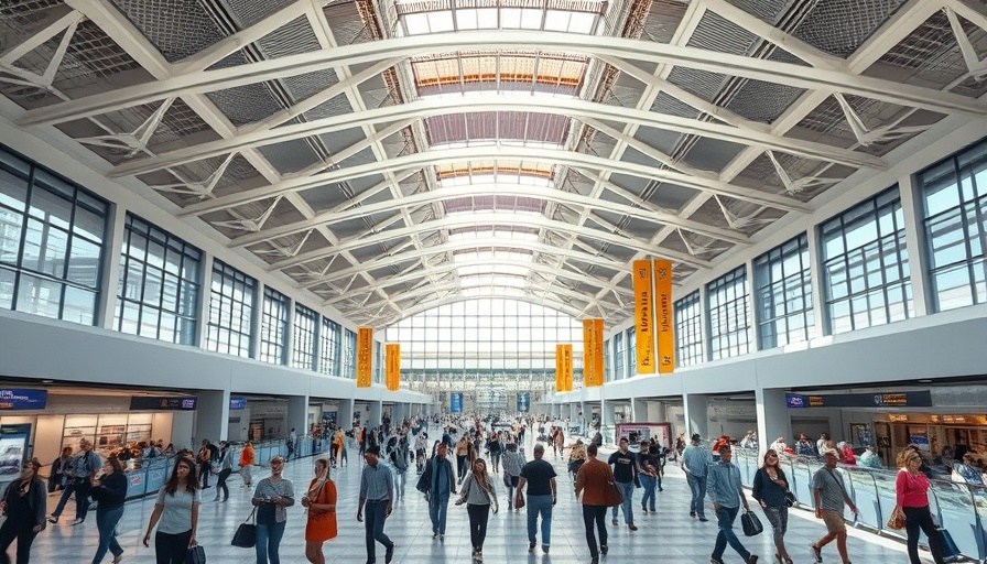 Modern airport terminal bustling with travelers, carbon passports concept