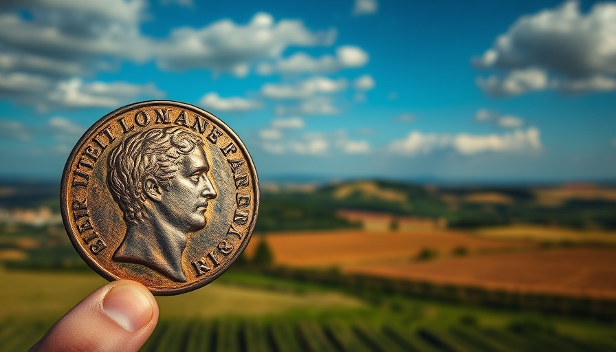 Ancient Roman coin and scenic countryside view depicting a soldier's pay.