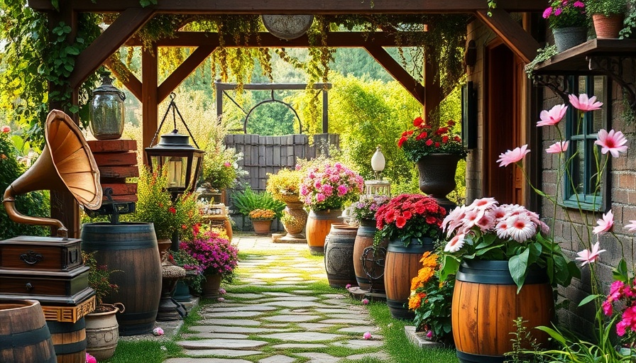 Rustic garden with vintage flowers and antique decor.