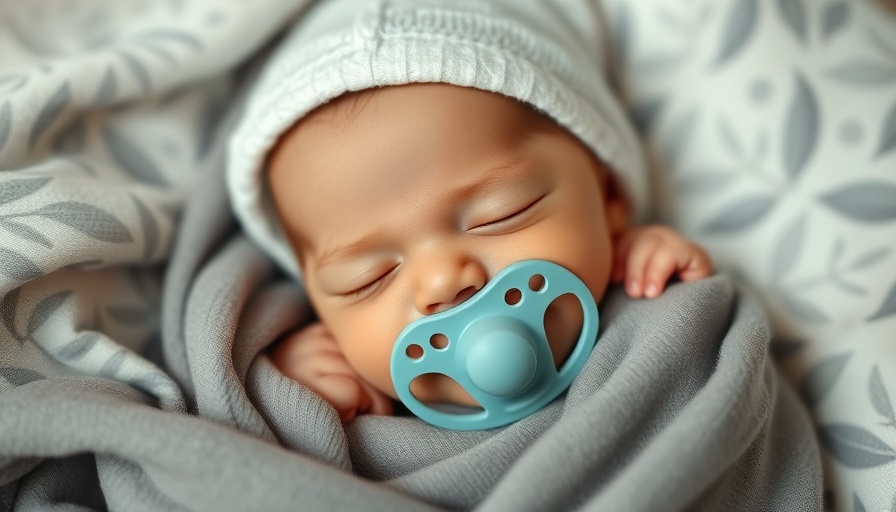 Peacefully sleeping newborn in grey blanket with pacifier.