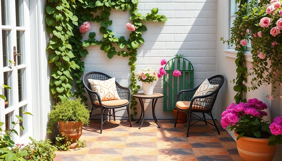 Chic small patio transformation with vibrant decor and checkered tiles.