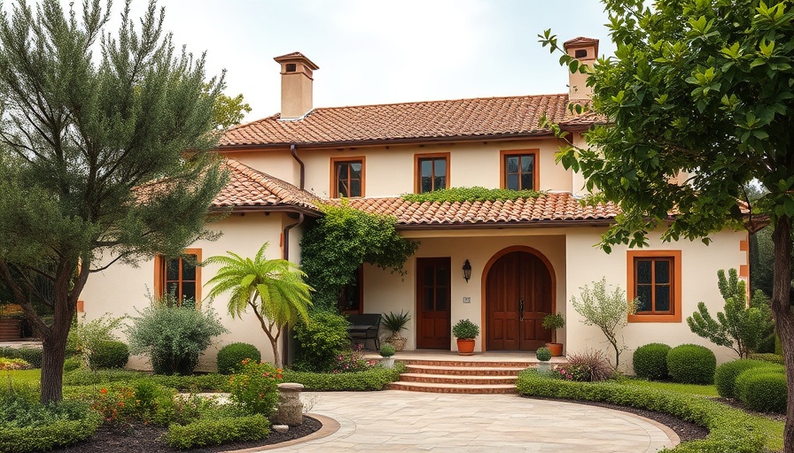 Traditional Mediterranean house with rustic elements and lush garden in sunlight.