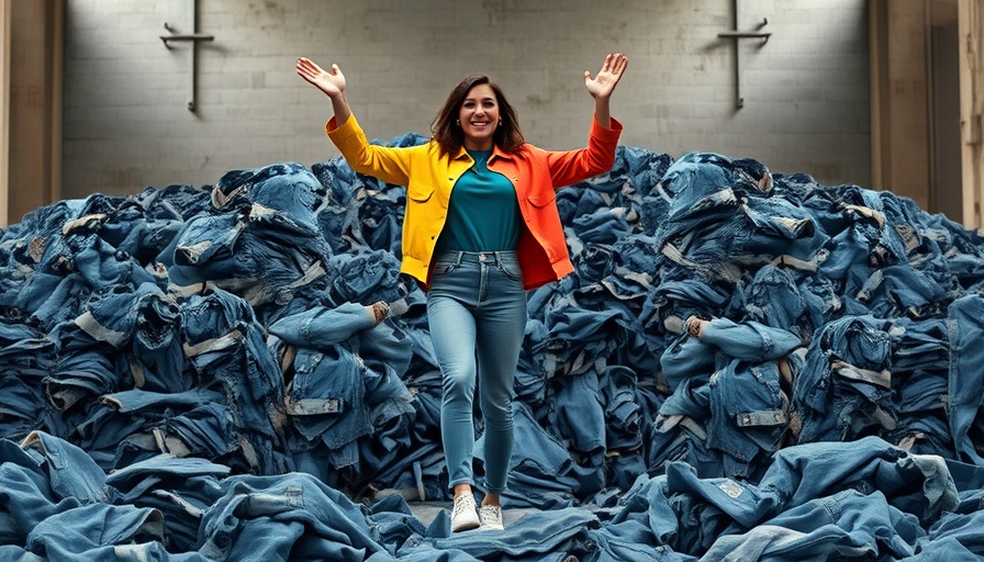 500 million pairs of jeans in landfill with woman and colorful shirts.
