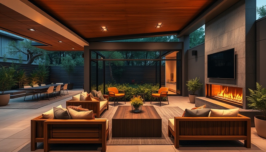 Luxurious outdoor living space design ideas with modern furniture and fireplace.