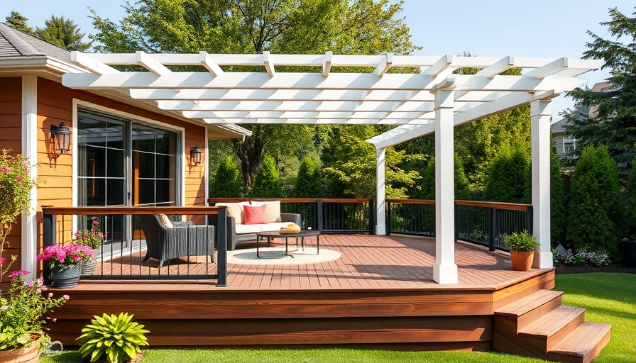 Elegant elevated deck with pergola in a landscaped backyard.