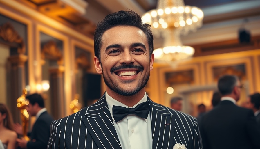 Man in striped suit smiling at award event.
