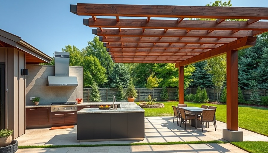 Outdoor kitchen pergola with modern design and greenery.