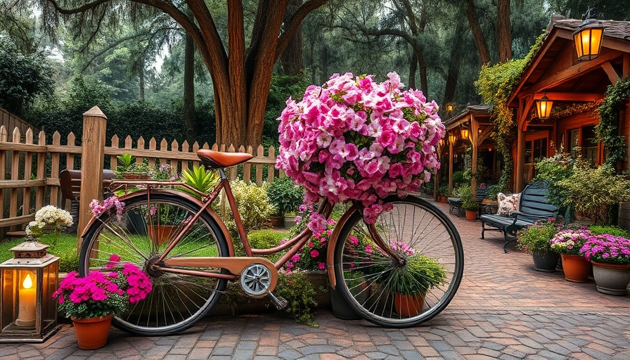 Charming vintage garden with flower-adorned bicycle for rustic ideas.
