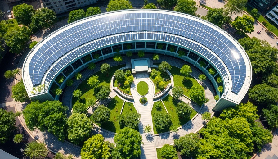 Aerial shot of a sustainable building with solar panels and greenery.