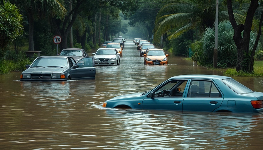 Flooded street with abandoned cars during Hurricane Katrina in St. Tammany Parish.