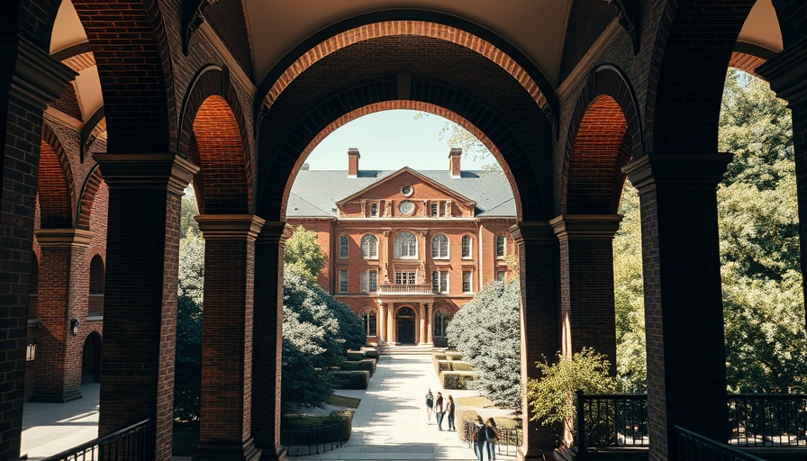 University courtyard view through arches, capturing students beneath a sunny sky.