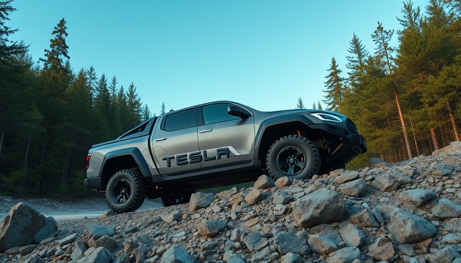 Tesla Cybertruck showcasing off-road capability on rocky terrain, surrounded by forest.