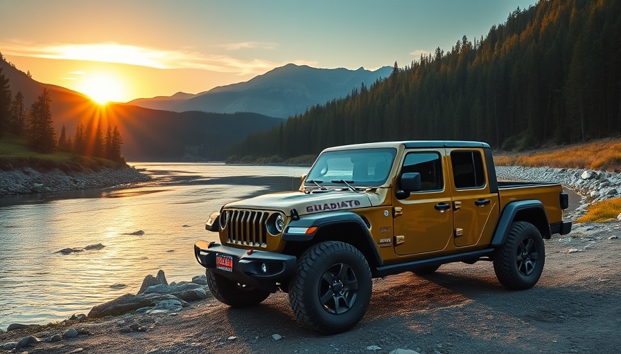 Jeep Gladiator by scenic river with mountain backdrop, sunset lighting.