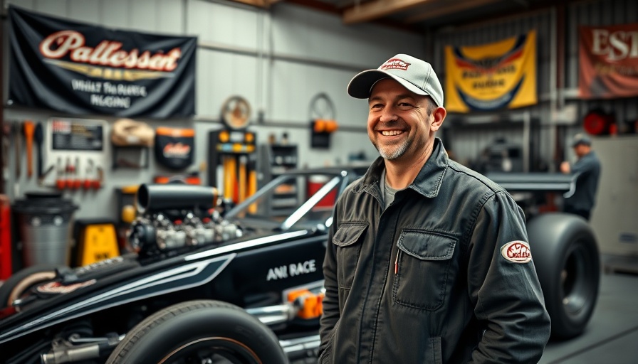 Matt Stutzman in a garage with a drag racer, smiling confidently.