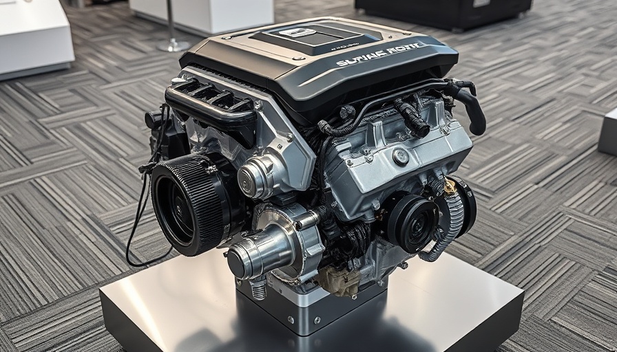 Modern Toyota gas engine on display stand for vehicles.