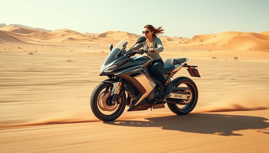 Woman on a small, powerful futuristic motorbike racing through a desert.