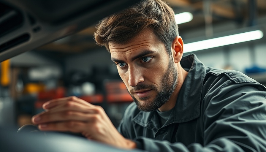 Mechanic inspecting a car's fuel filter in a garage.