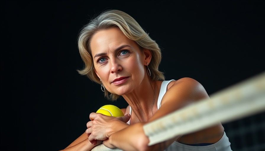 Confident woman with tennis ball leaning on net, black background.