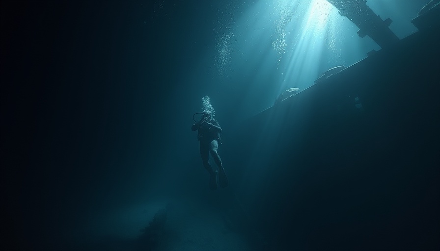 Diver explores 321-year-old shipwreck with flashlight underwater.