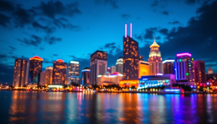 Vivid Tampa skyline with waterfront reflections at sunset.