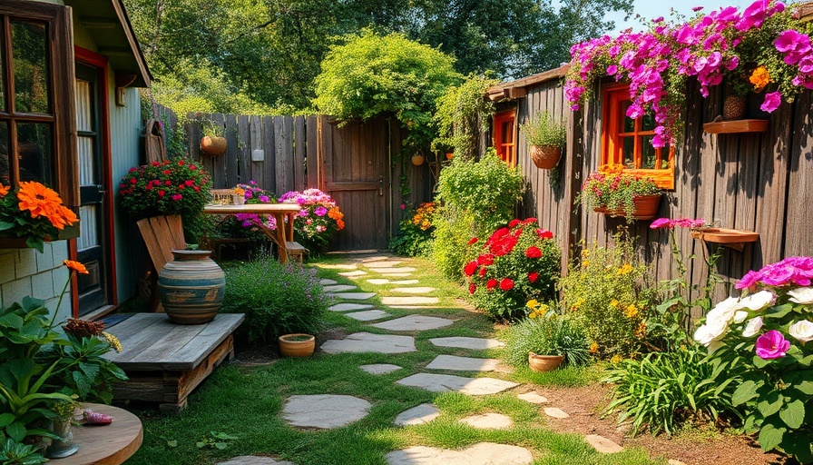 Rustic garden with upcycled vintage elements and vibrant flowers.