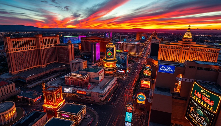 Top attractions in Las Vegas during a vibrant sunset panorama.