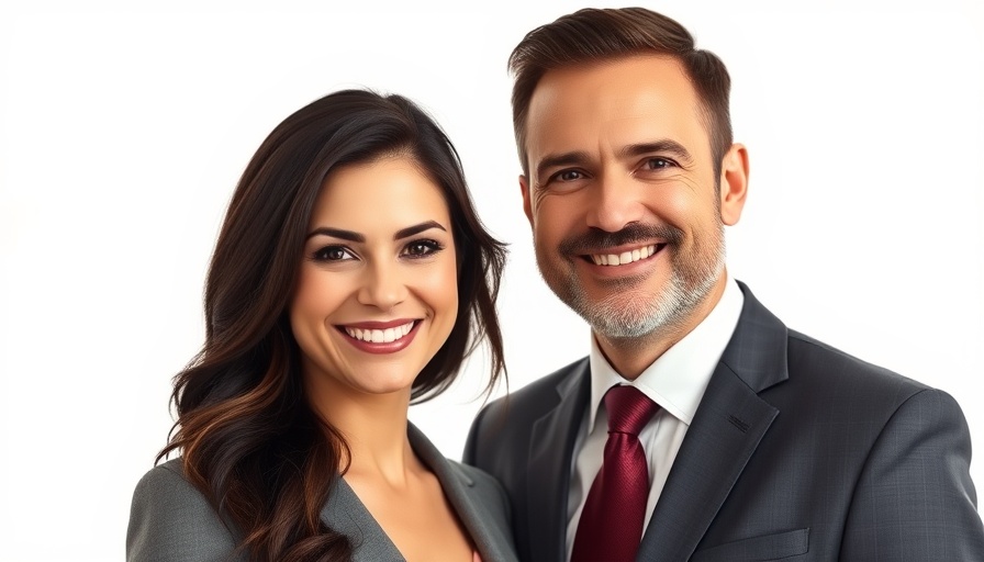 Smiling woman and man posing together against white background