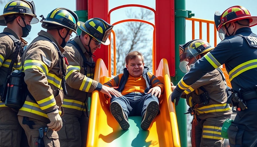 Firefighters assist an adult in playground slide rescue, teamwork.