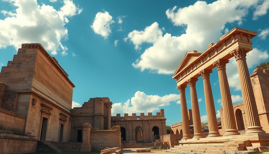 Ancient Roman ruins with stone walls and columns under a blue sky, highlighting ancient architecture.
