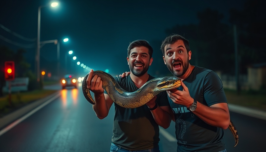 Three men hold a large python on a South Carolina road at night.