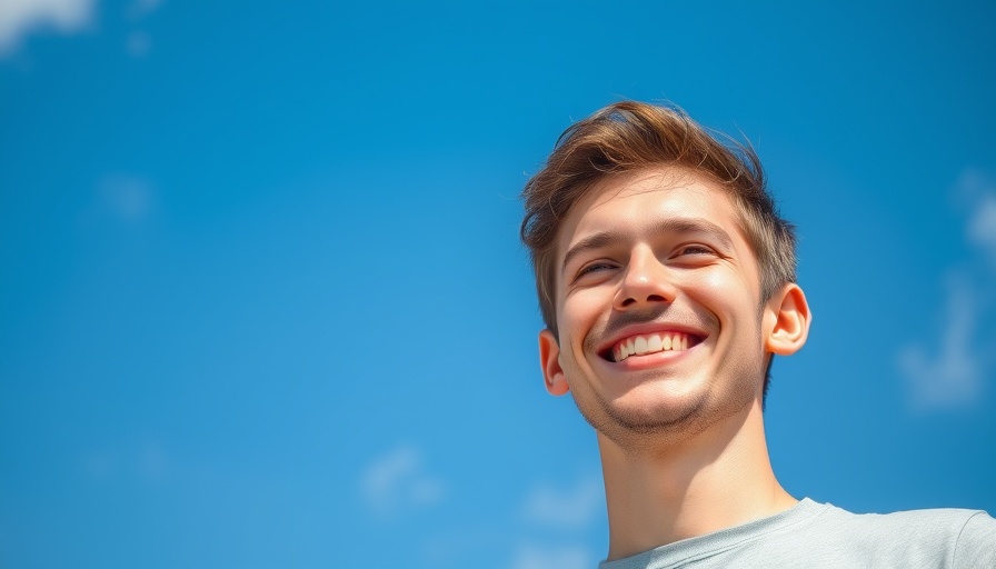 Young man smiling brightly against a clear blue sky.