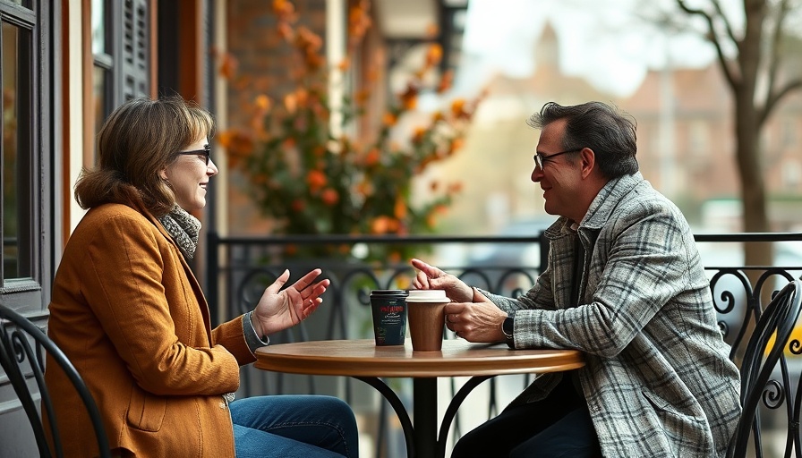 Two people at a cafe table, deep in discussion.