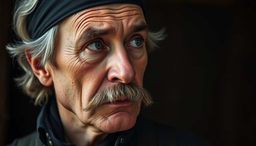 Older man in black bandana, thoughtful expression, blurred background.