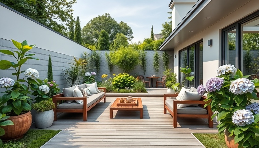 Minimalist backyard design with sleek patio seating and lush greenery.