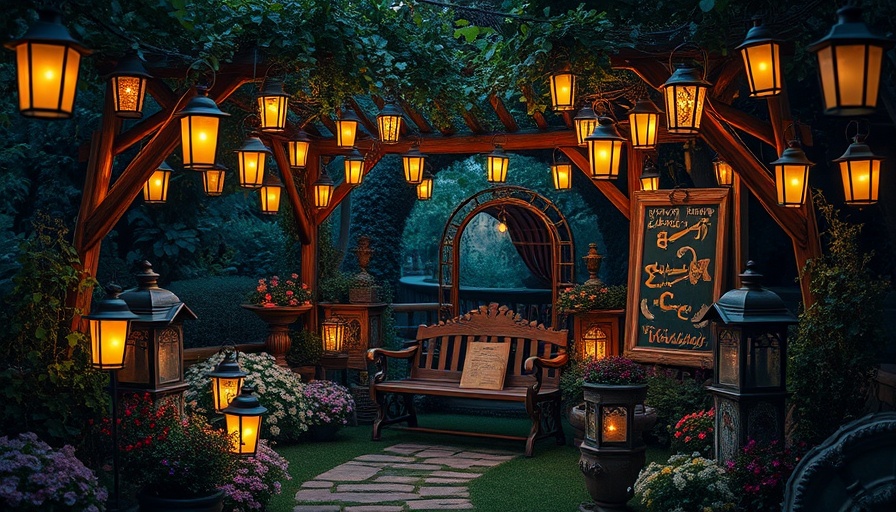Whimsical vintage rustic gardens with lanterns and wooden arch.