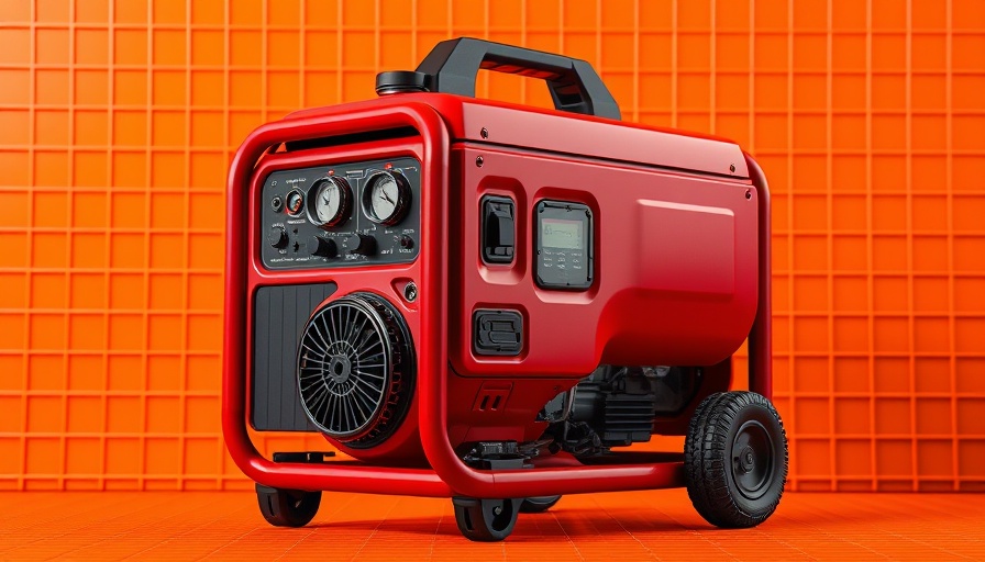 Portable red generator with orange grid background, Walmart generator deal.