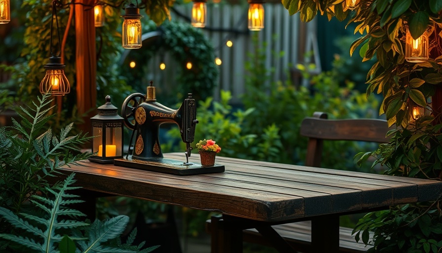Sustainable Rustic Garden Design with vintage sewing machine and fairy lights.