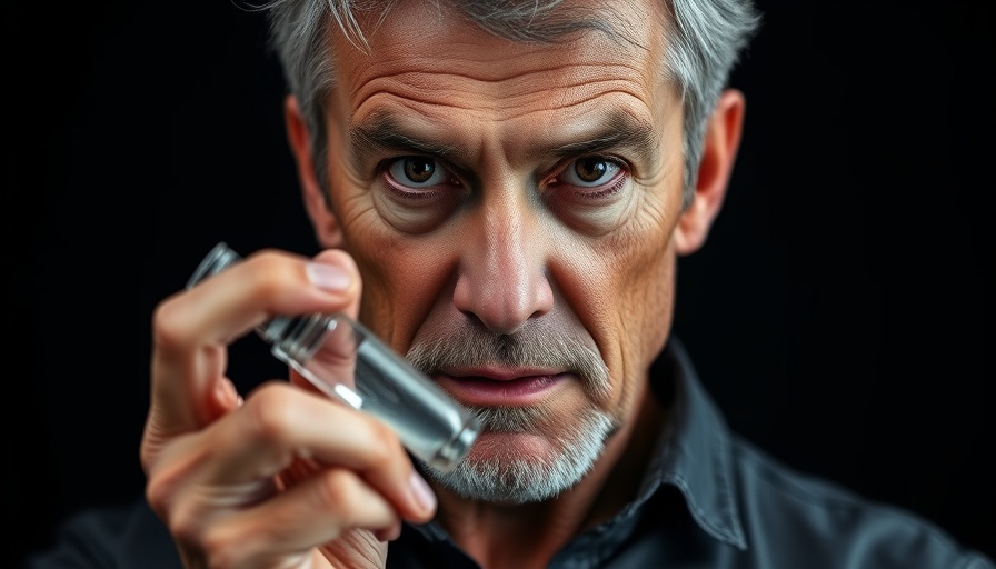 Man holding vial with blue tape on mouth, expressing vaccine safety concerns.