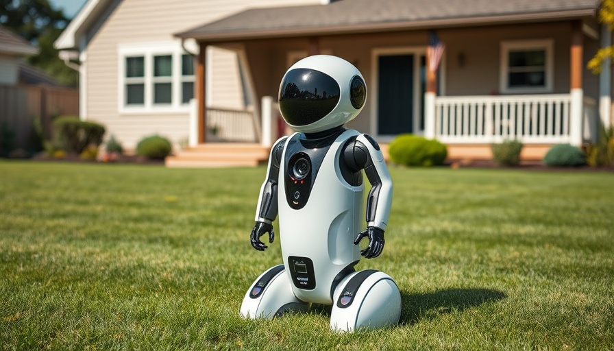 Sleek robotic security device in eco-friendly design on lawn.