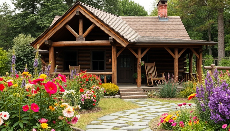 Rustic veranda garden with vibrant flowers and cozy cabin.