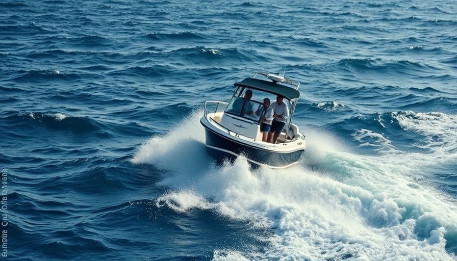 Senior individuals practicing boating safety on a motorboat amid choppy waves.