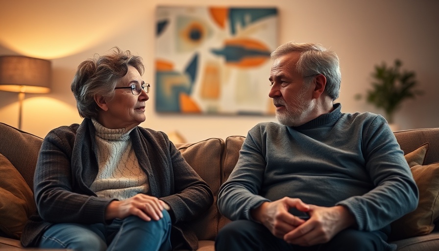Middle-aged couple discussing energizing retirement in a cozy living room.